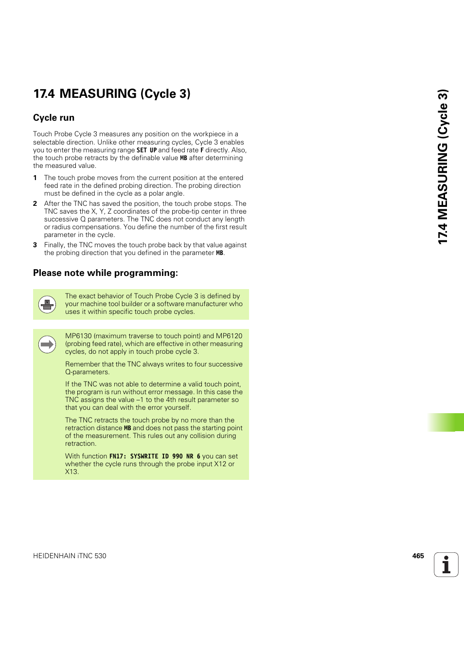 4 measuring (cycle 3), Cycle run, Please note while programming | Seite 465 | HEIDENHAIN iTNC 530 (60642x-04) Cycle programming User Manual | Page 465 / 529