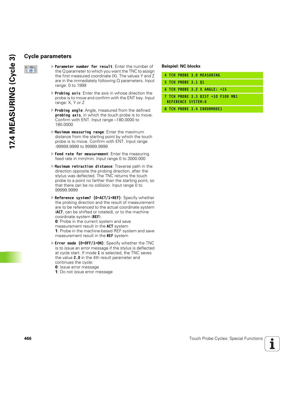 Cycle parameters, 4 mea s uring (cy c le 3) | HEIDENHAIN iTNC 530 (60642x-04) Cycle programming User Manual | Page 466 / 529