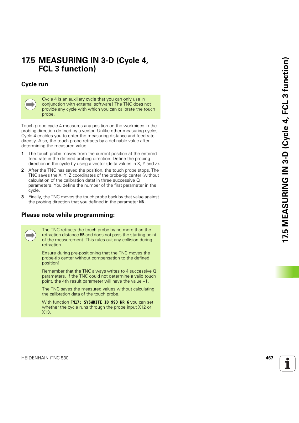 5 measuring in 3-d (cycle 4, fcl 3 function), Cycle run, Please note while programming | Seite 467 | HEIDENHAIN iTNC 530 (60642x-04) Cycle programming User Manual | Page 467 / 529