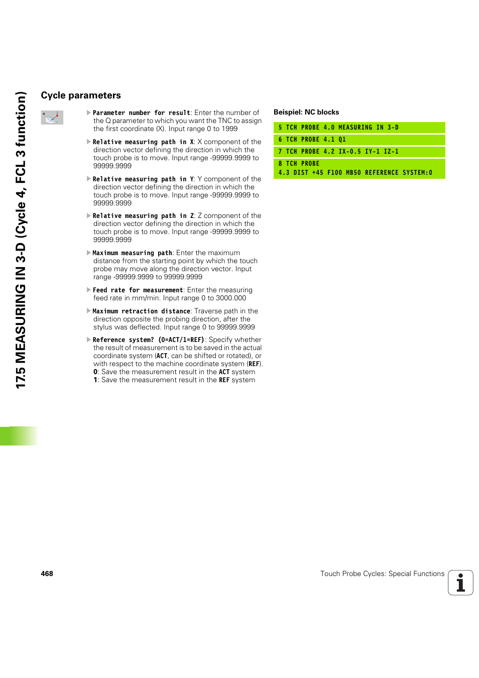 Cycle parameters, 5 mea s uring in 3-d (cy c le 4, fcl 3 function) | HEIDENHAIN iTNC 530 (60642x-04) Cycle programming User Manual | Page 468 / 529