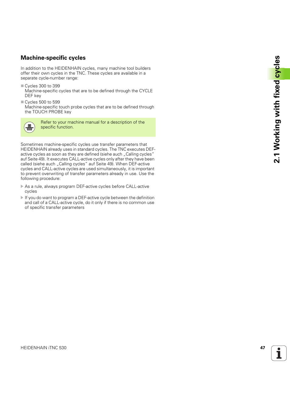 Machine-specific cycles, 1 w o rk ing with fix e d cy cles | HEIDENHAIN iTNC 530 (60642x-04) Cycle programming User Manual | Page 47 / 529