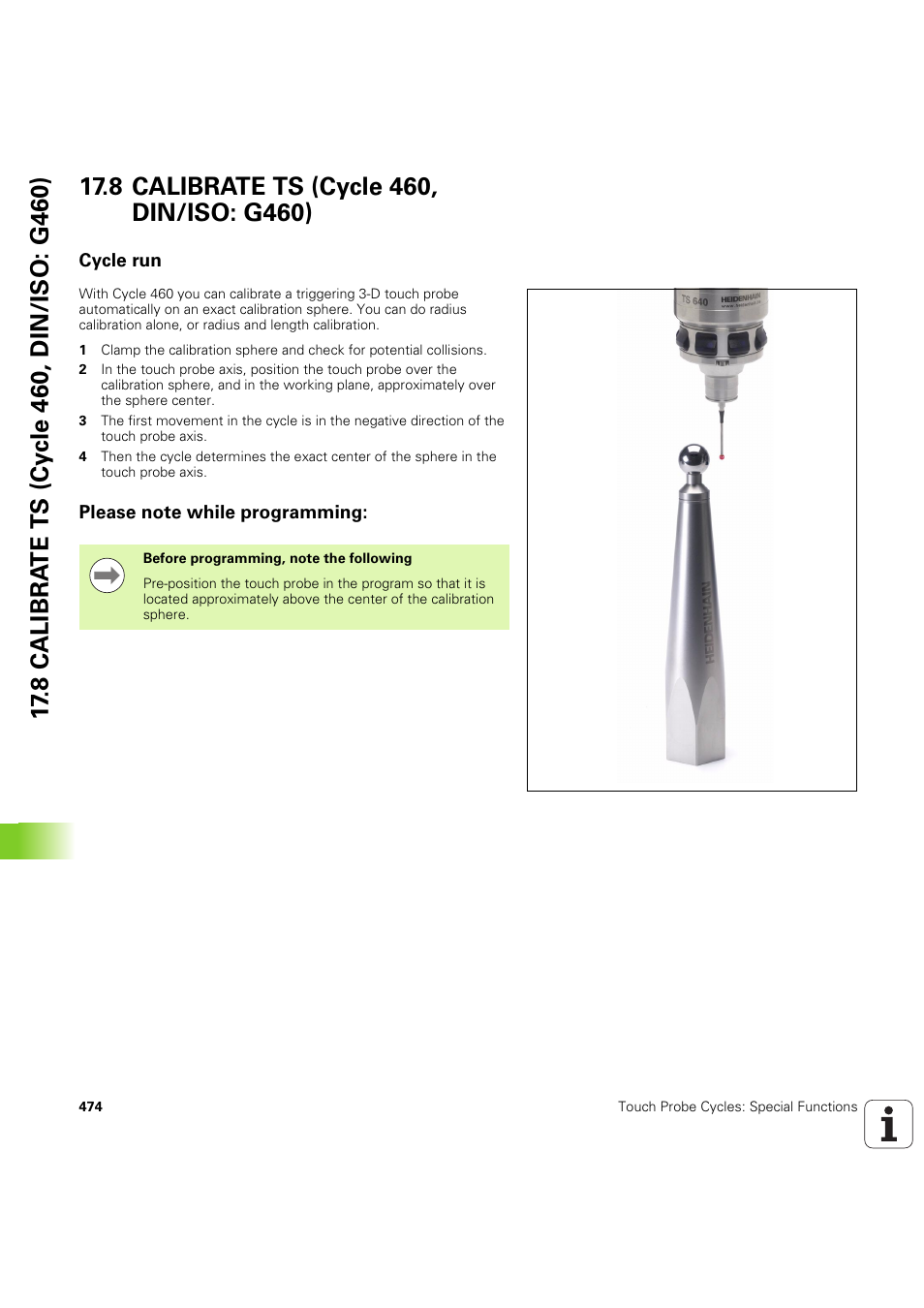 8 calibrate ts (cycle 460, din/iso: g460), Cycle run, Please note while programming | Seite 474 | HEIDENHAIN iTNC 530 (60642x-04) Cycle programming User Manual | Page 474 / 529