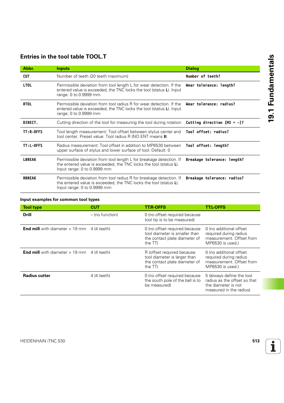 Entries in the tool table tool.t, 19 .1 f undamentals | HEIDENHAIN iTNC 530 (60642x-04) Cycle programming User Manual | Page 513 / 529