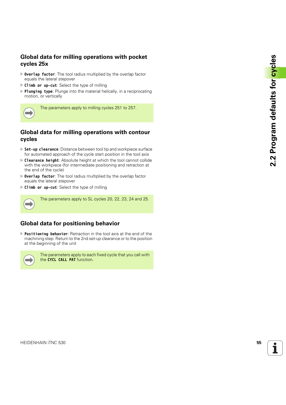 Global data for positioning behavior, Seite 55 | HEIDENHAIN iTNC 530 (60642x-04) Cycle programming User Manual | Page 55 / 529