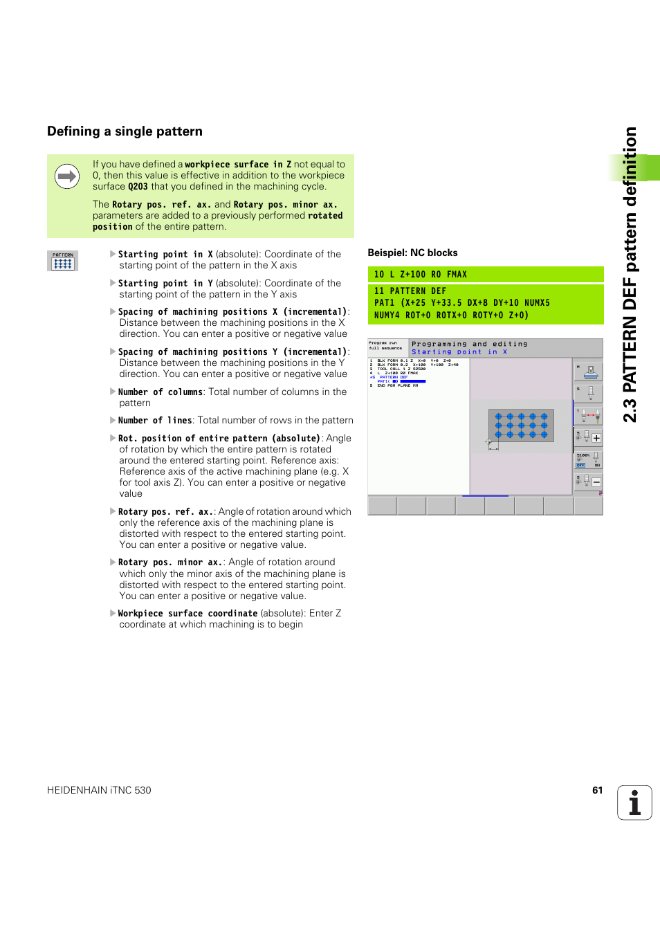 Defining a single pattern, Seite 61 | HEIDENHAIN iTNC 530 (60642x-04) Cycle programming User Manual | Page 61 / 529