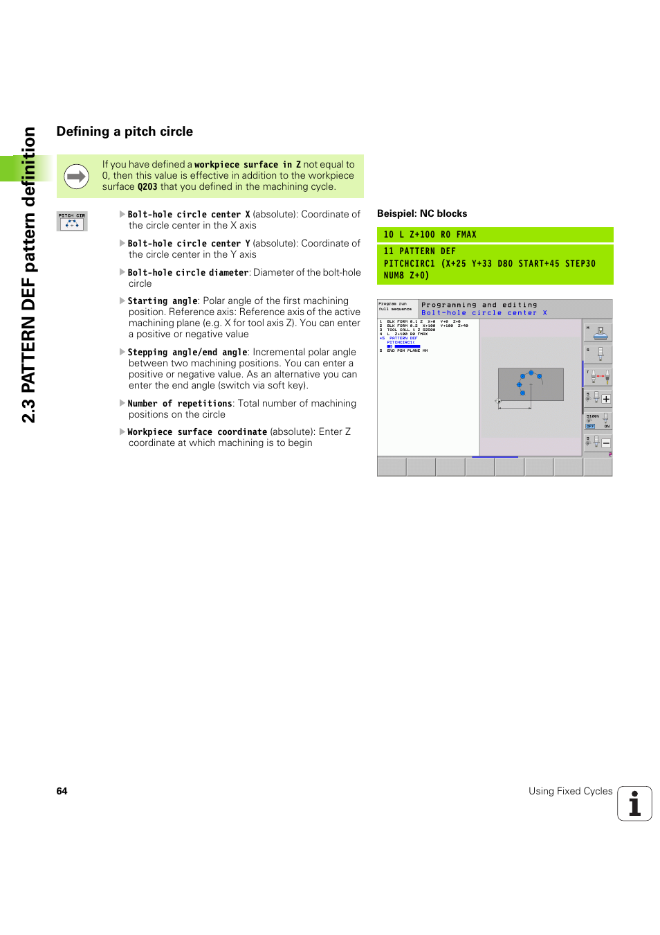 Defining a pitch circle, Seite 64 | HEIDENHAIN iTNC 530 (60642x-04) Cycle programming User Manual | Page 64 / 529