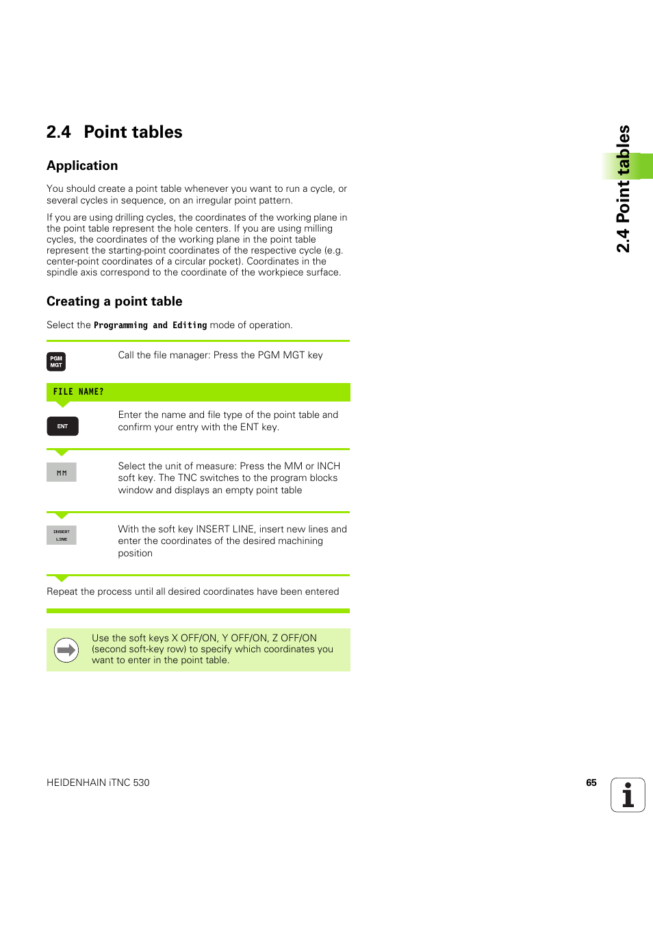 4 point tables, Application, Creating a point table | 4 p o int tables 2.4 point tables | HEIDENHAIN iTNC 530 (60642x-04) Cycle programming User Manual | Page 65 / 529
