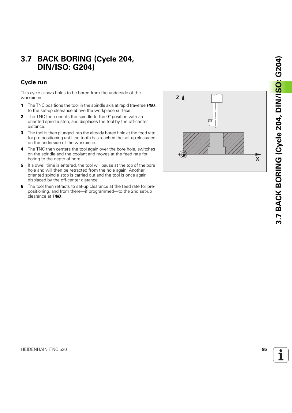 7 back boring (cycle 204, din/iso: g204), Cycle run, Seite 85 | HEIDENHAIN iTNC 530 (60642x-04) Cycle programming User Manual | Page 85 / 529