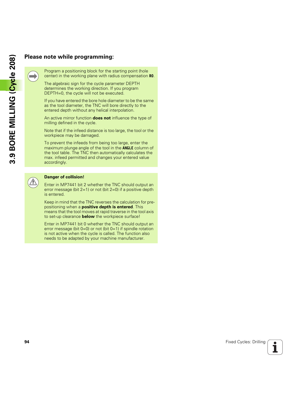 Please note while programming, 9 bore milling (cy c le 208) | HEIDENHAIN iTNC 530 (60642x-04) Cycle programming User Manual | Page 94 / 529