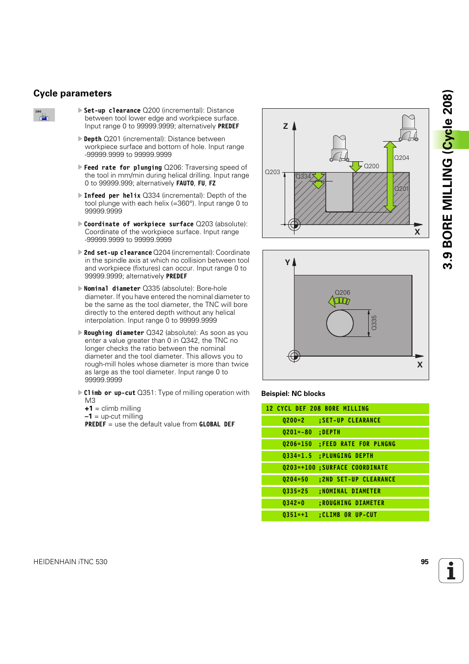 Cycle parameters, 9 bore milling (cy c le 208) | HEIDENHAIN iTNC 530 (60642x-04) Cycle programming User Manual | Page 95 / 529