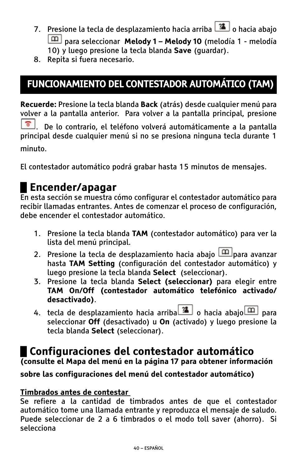 Encender/apagar, Configuraciones del contestador automático, Funcionamiento del contestador automático (tam) | ClearSounds A300 User Manual | Page 104 / 192