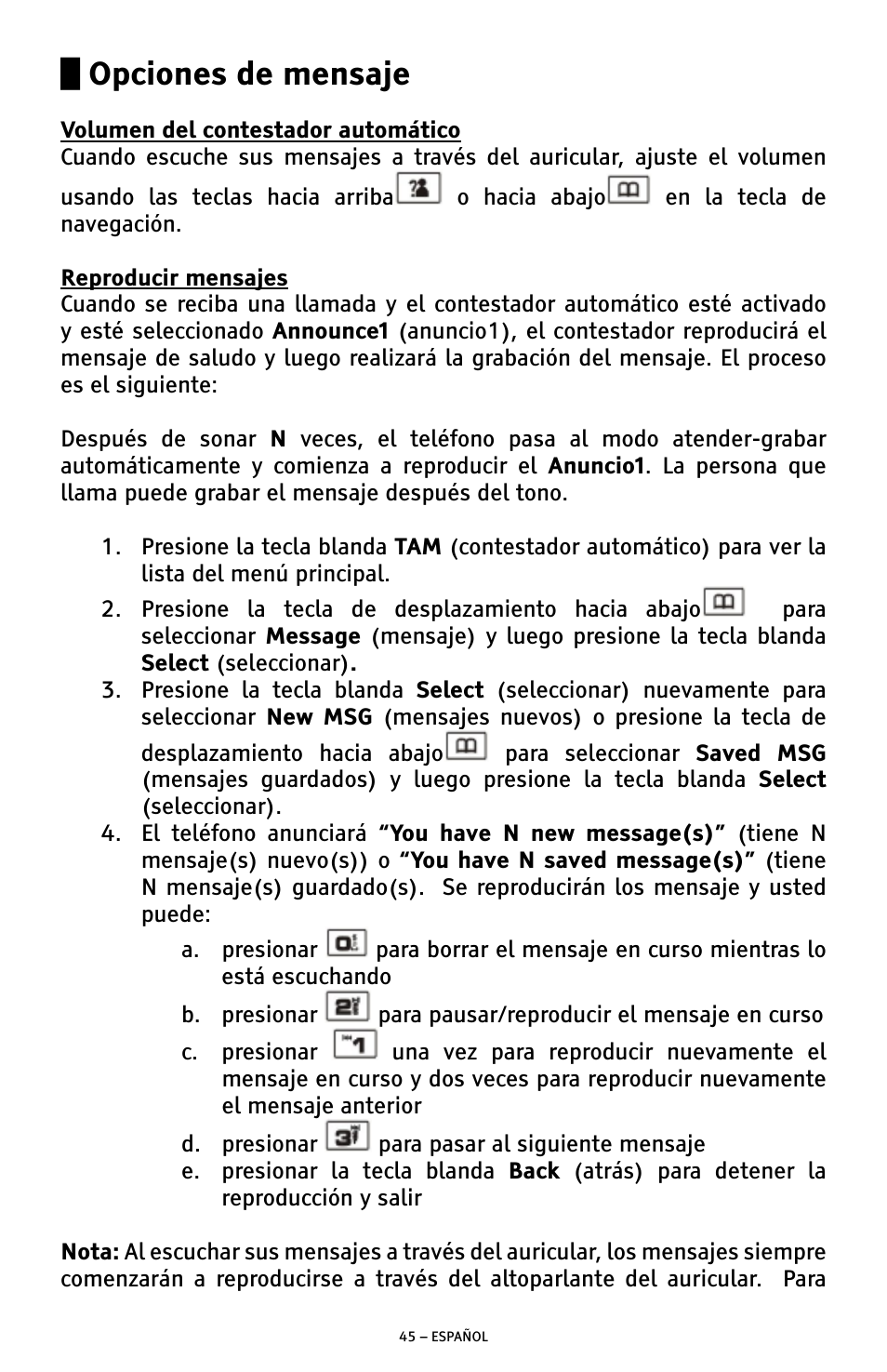 Opciones de mensaje | ClearSounds A300 User Manual | Page 109 / 192