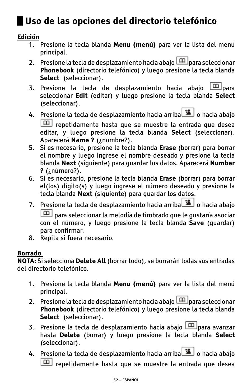 Uso de las opciones del directorio telefónico | ClearSounds A300 User Manual | Page 116 / 192