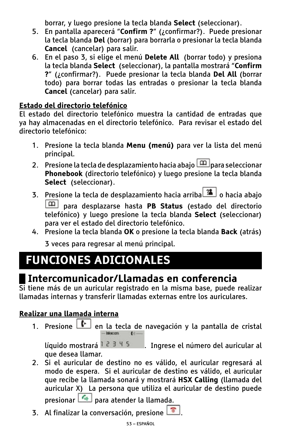 Funciones adicionales, Intercomunicador/llamadas en conferencia | ClearSounds A300 User Manual | Page 117 / 192
