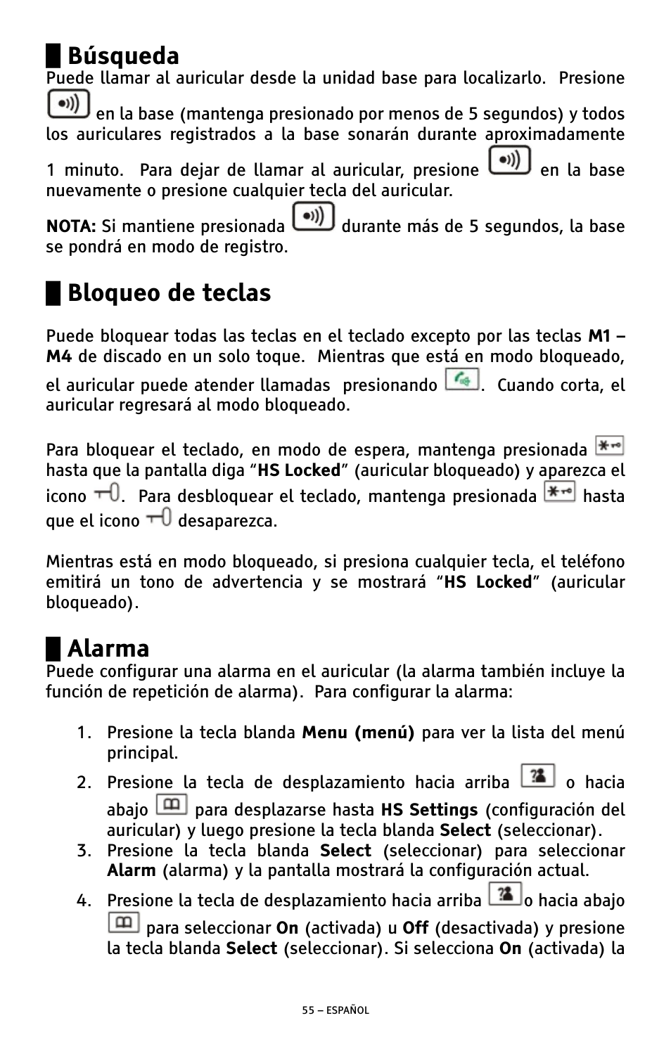 Búsqueda, Bloqueo de teclas, Alarma | ClearSounds A300 User Manual | Page 119 / 192