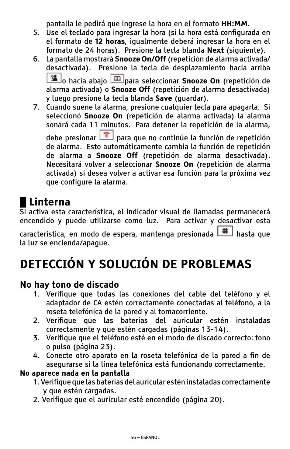 Detección y solución de problemas, Linterna, No hay tono de discado | ClearSounds A300 User Manual | Page 120 / 192