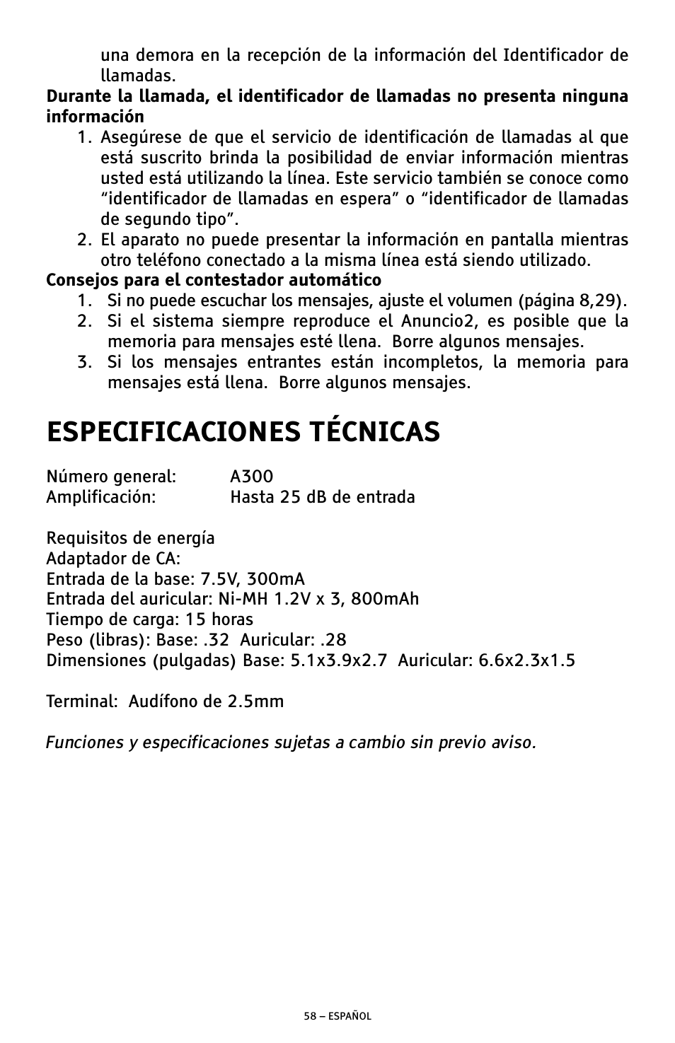 Especificaciones técnicas | ClearSounds A300 User Manual | Page 122 / 192