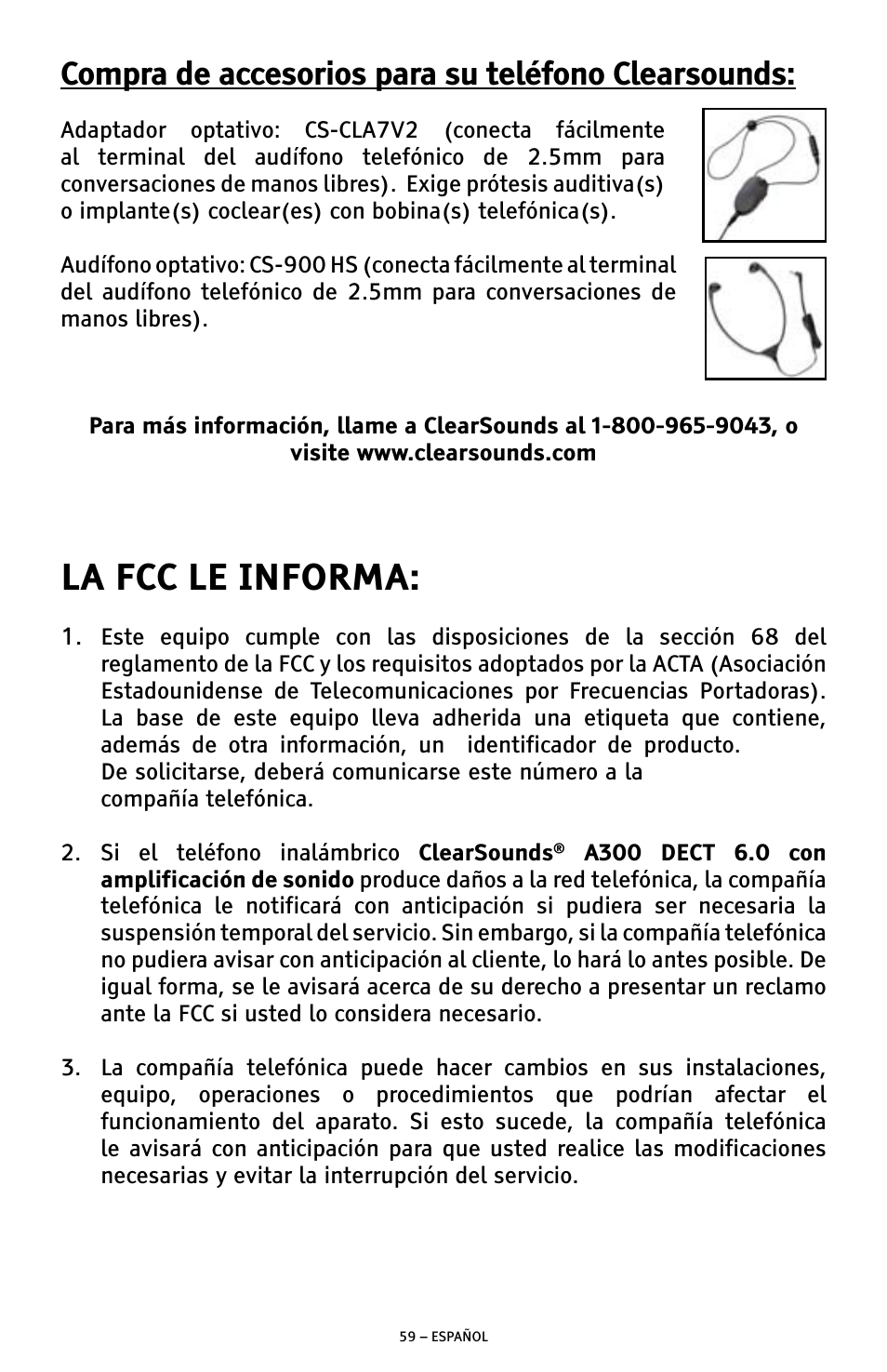 La fcc le informa, Compra de accesorios para su teléfono clearsounds | ClearSounds A300 User Manual | Page 123 / 192
