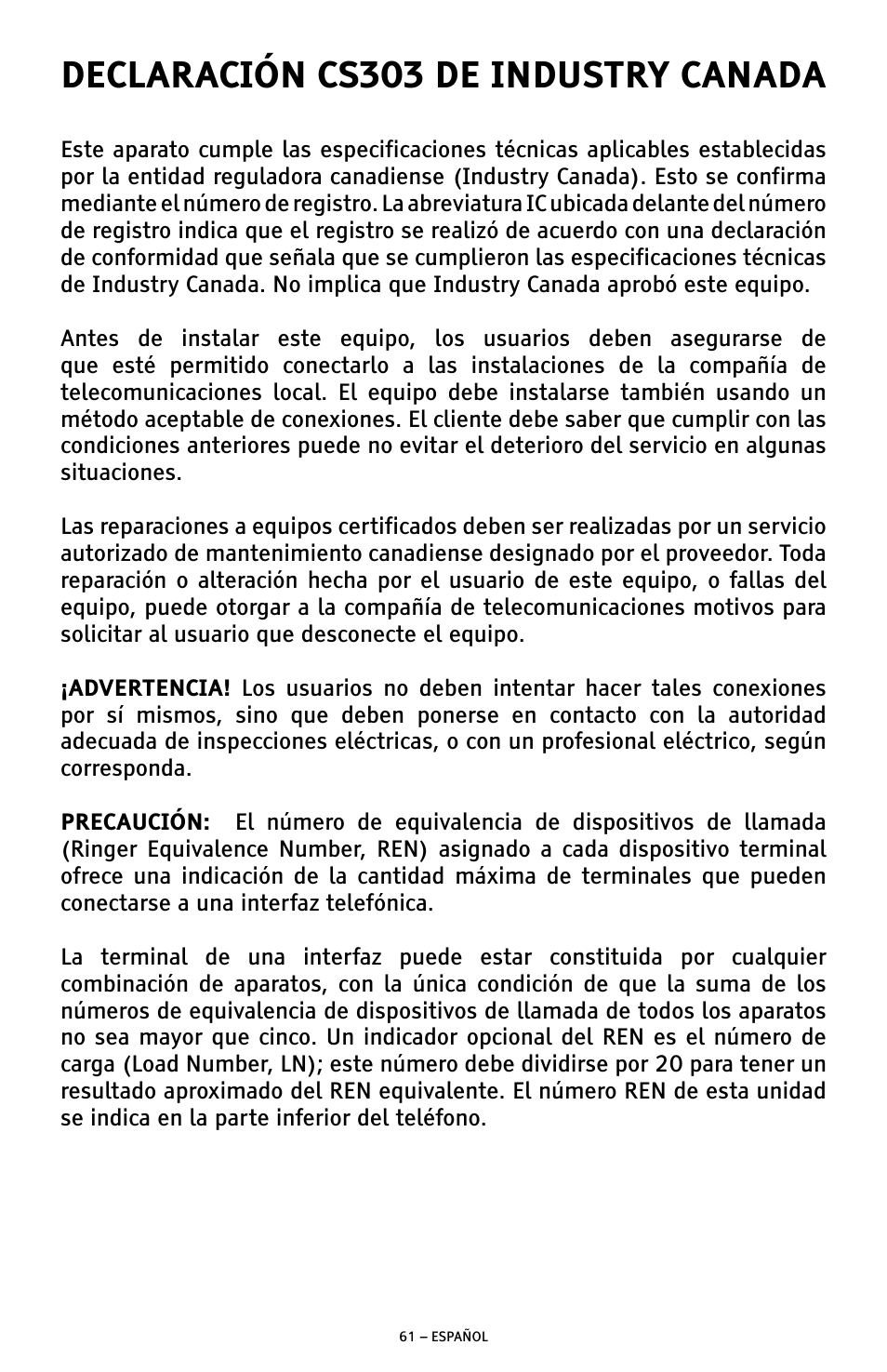 Declaración cs303 de industry canada | ClearSounds A300 User Manual | Page 125 / 192