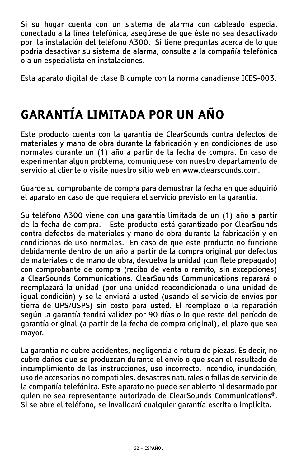 Garantía limitada por un año | ClearSounds A300 User Manual | Page 126 / 192