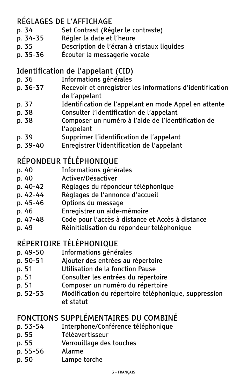 Réglages de l’affichage, Identification de l’appelant (cid), Répondeur téléphonique | Répertoire téléphonique, Fonctions supplémentaires du combiné | ClearSounds A300 User Manual | Page 131 / 192