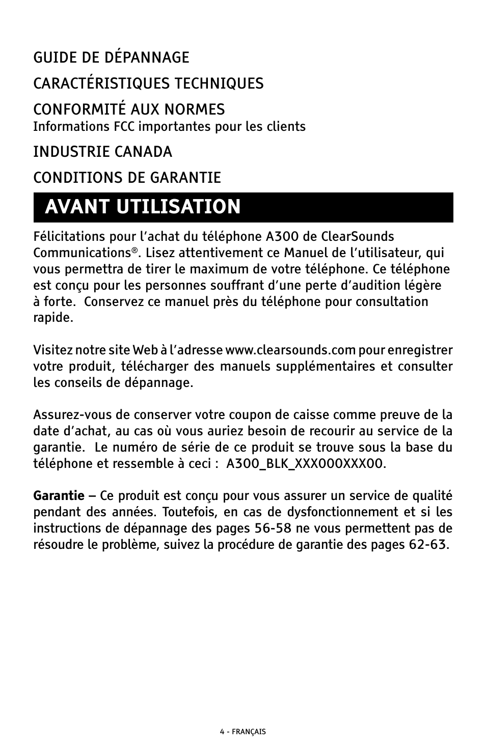 Avant utilisation, Industrie canada conditions de garantie | ClearSounds A300 User Manual | Page 132 / 192