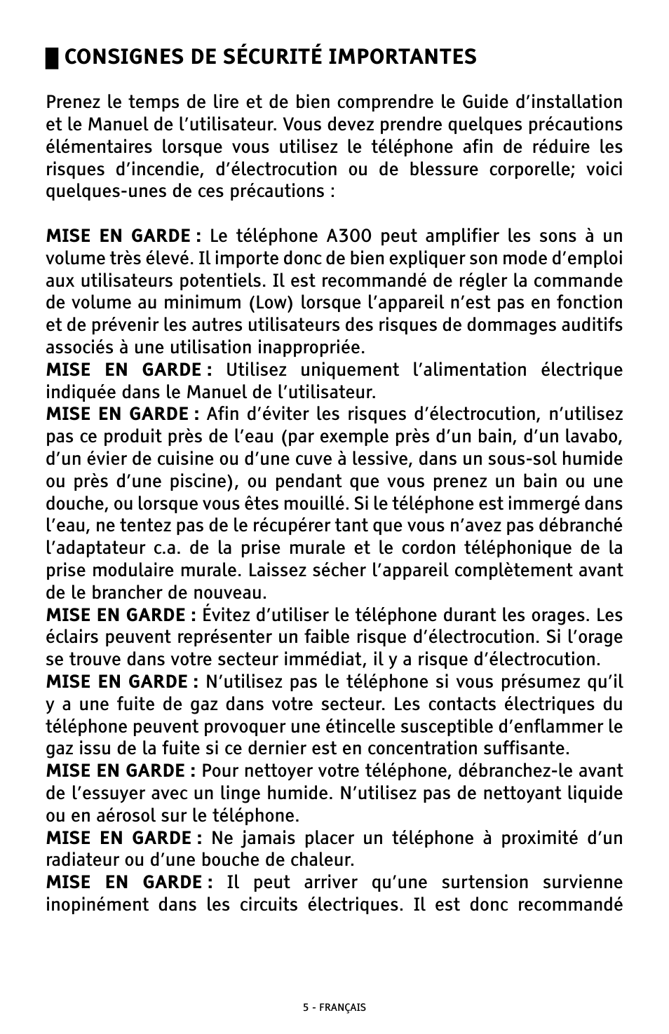 Consignes de sécurité importantes | ClearSounds A300 User Manual | Page 133 / 192