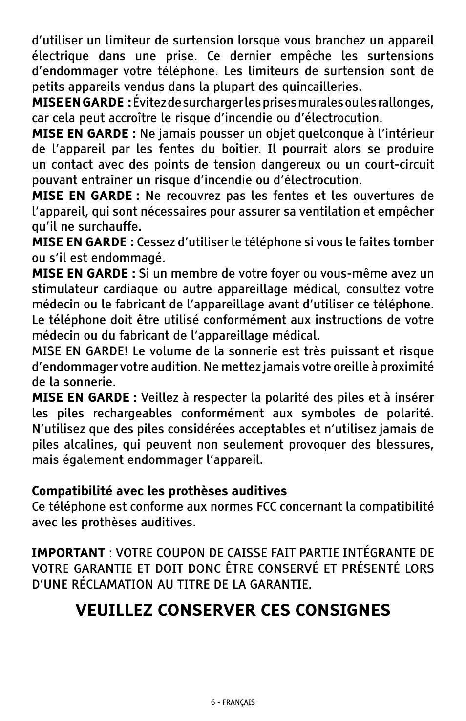 Veuillez conserver ces consignes | ClearSounds A300 User Manual | Page 134 / 192