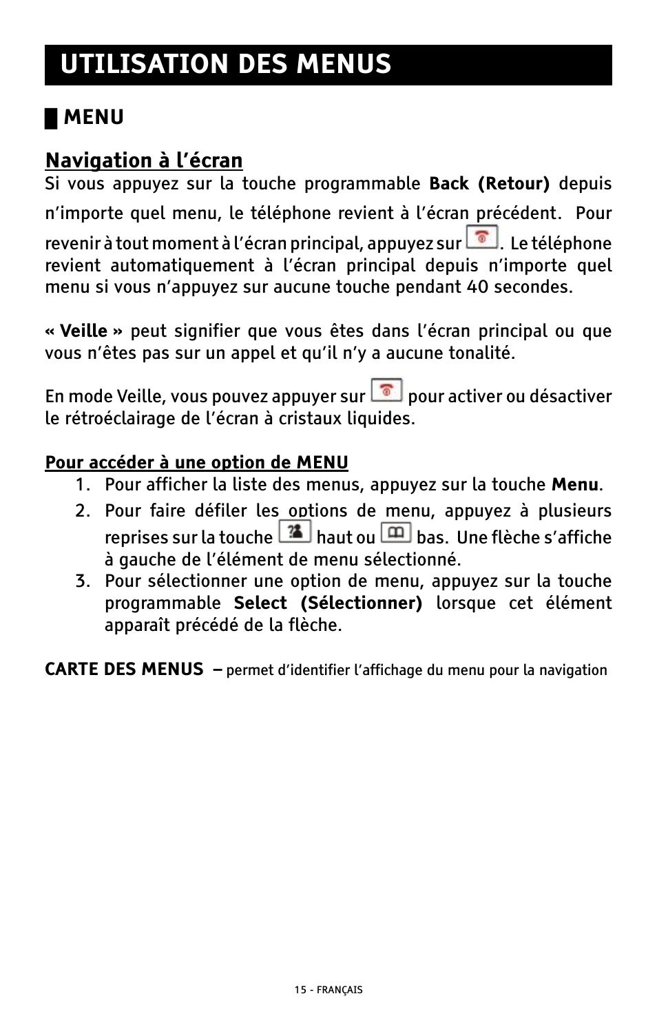 Utilisation des menus, Menu navigation à l’écran | ClearSounds A300 User Manual | Page 143 / 192