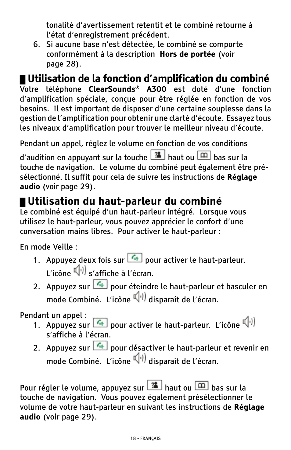Utilisation du haut-parleur du combiné | ClearSounds A300 User Manual | Page 146 / 192