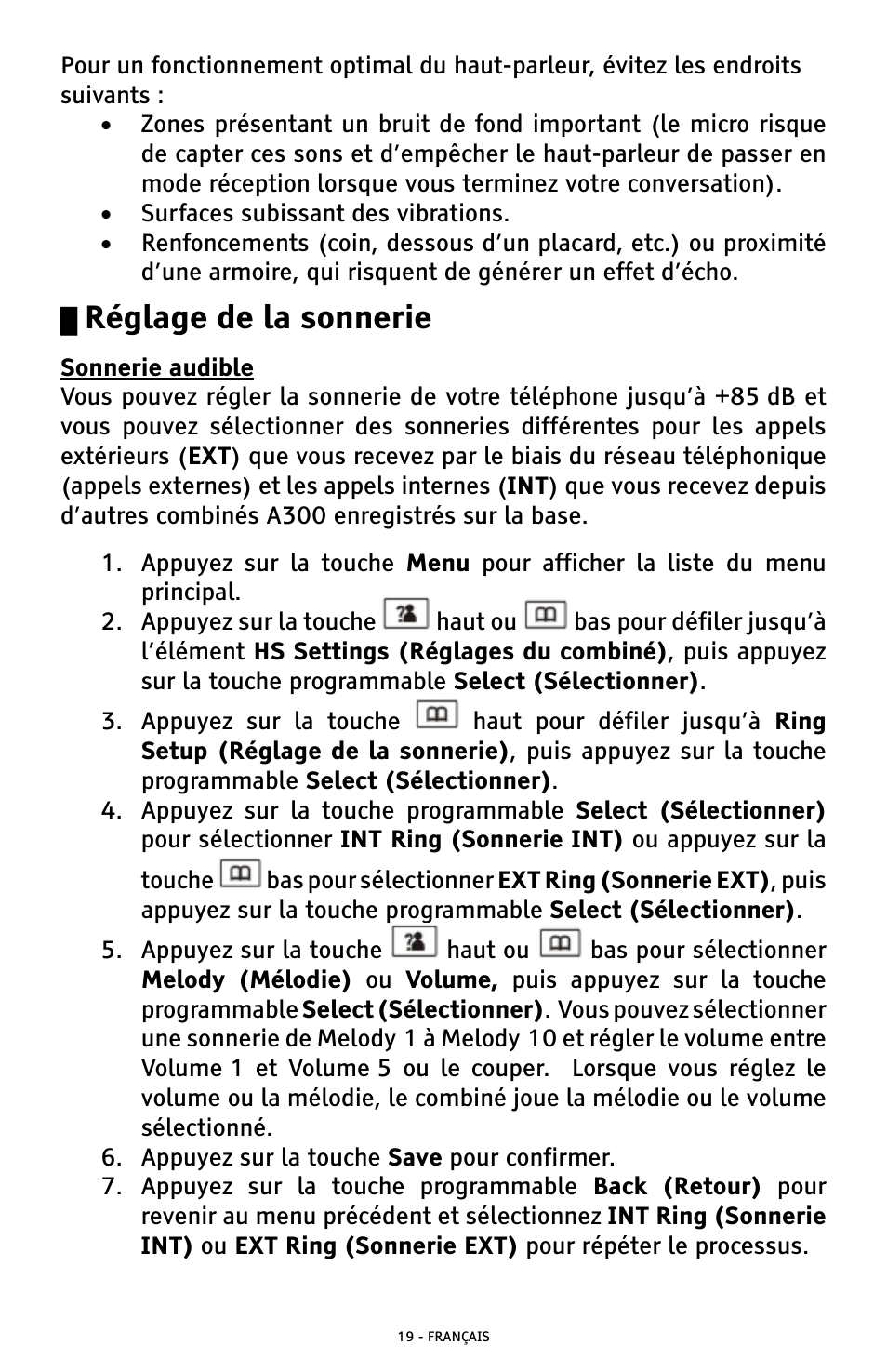 Réglage de la sonnerie | ClearSounds A300 User Manual | Page 147 / 192