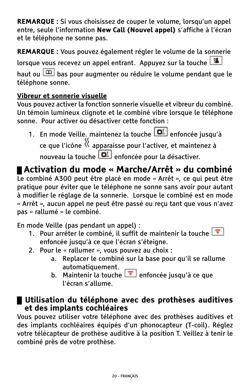 Activation du mode « marche/arrêt » du combiné | ClearSounds A300 User Manual | Page 148 / 192