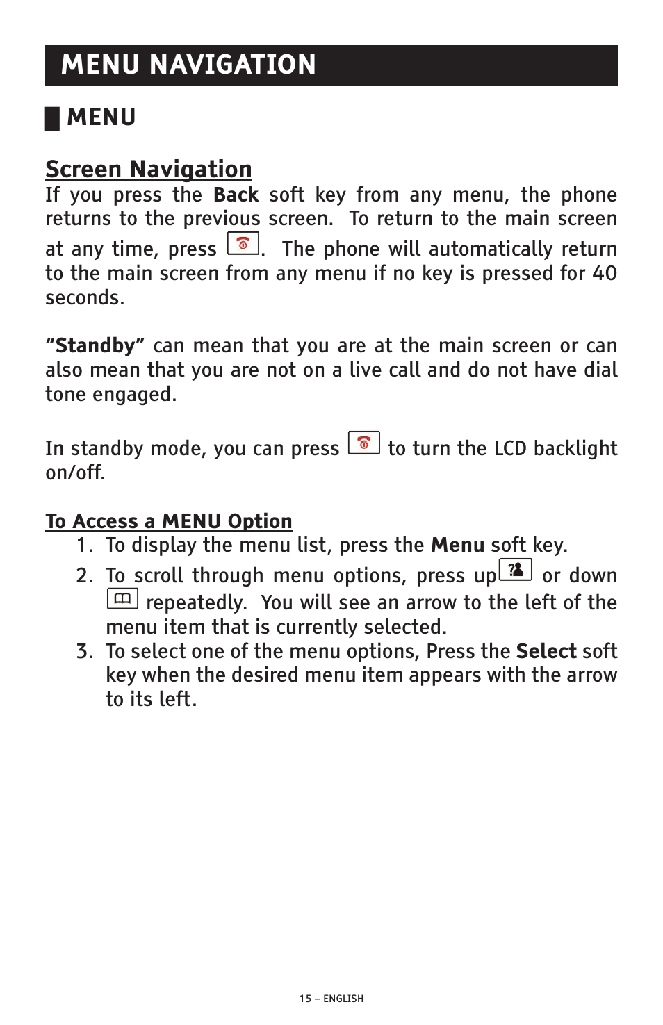 Menu navigation, Menu screen navigation | ClearSounds A300 User Manual | Page 15 / 192