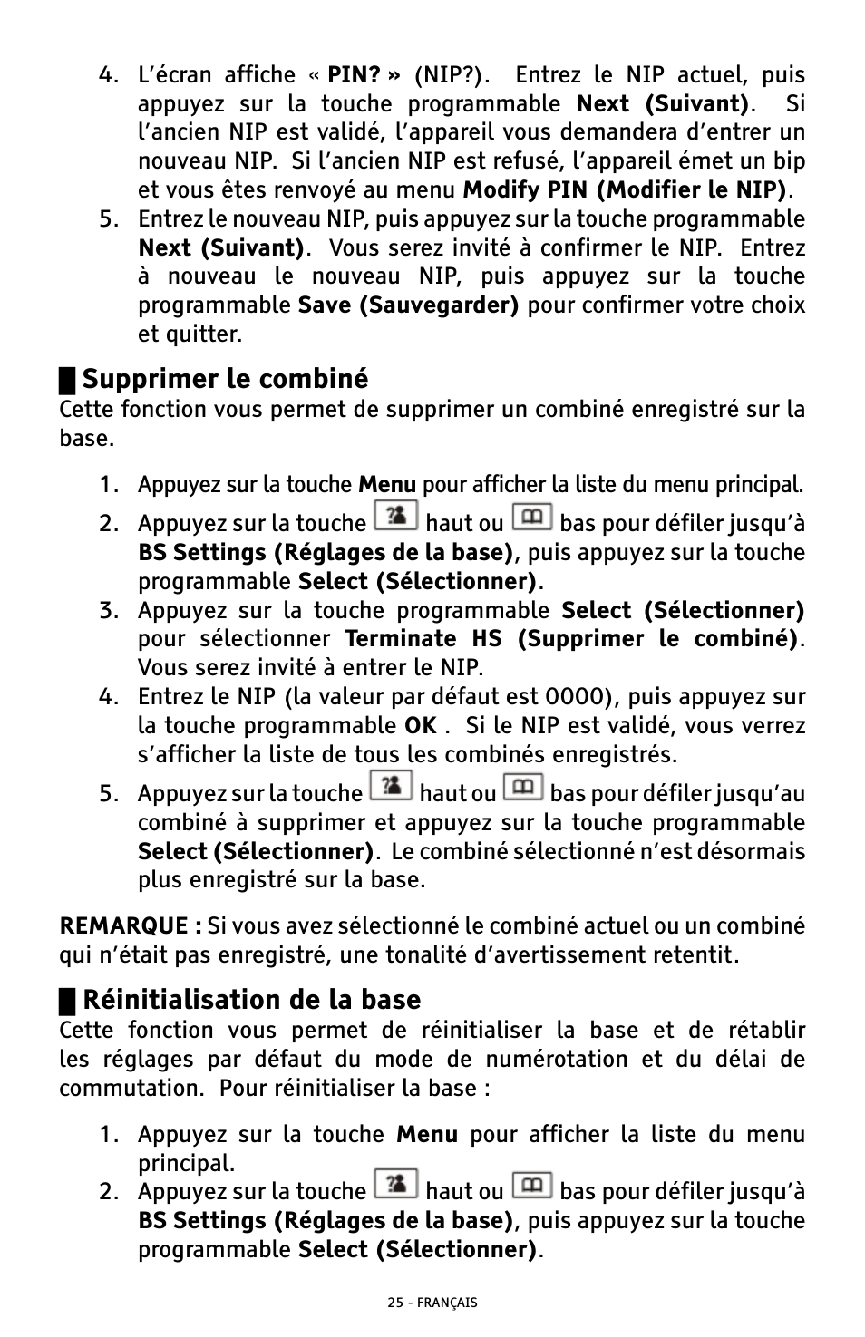 Supprimer le combiné, Réinitialisation de la base | ClearSounds A300 User Manual | Page 153 / 192