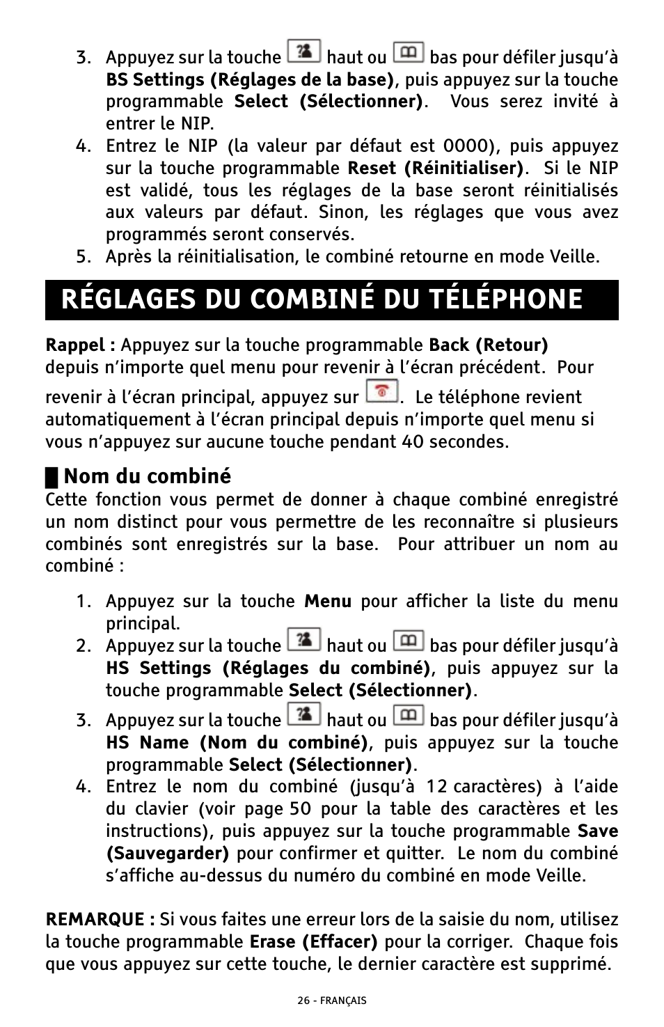 Réglages du combiné du téléphone, Nom du combiné | ClearSounds A300 User Manual | Page 154 / 192