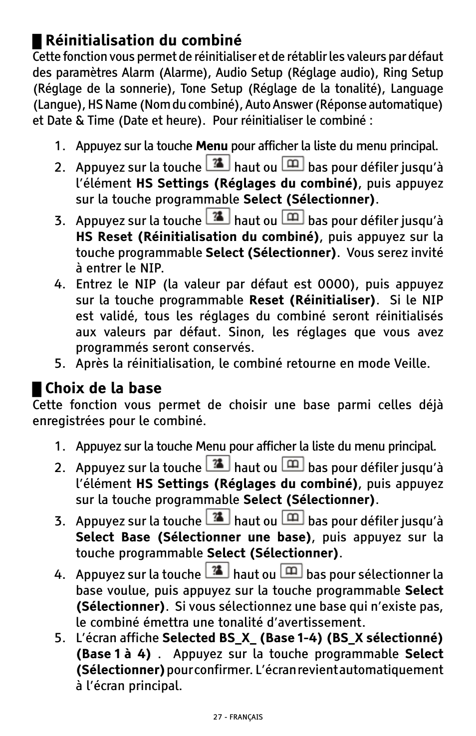 Réinitialisation du combiné, Choix de la base | ClearSounds A300 User Manual | Page 155 / 192