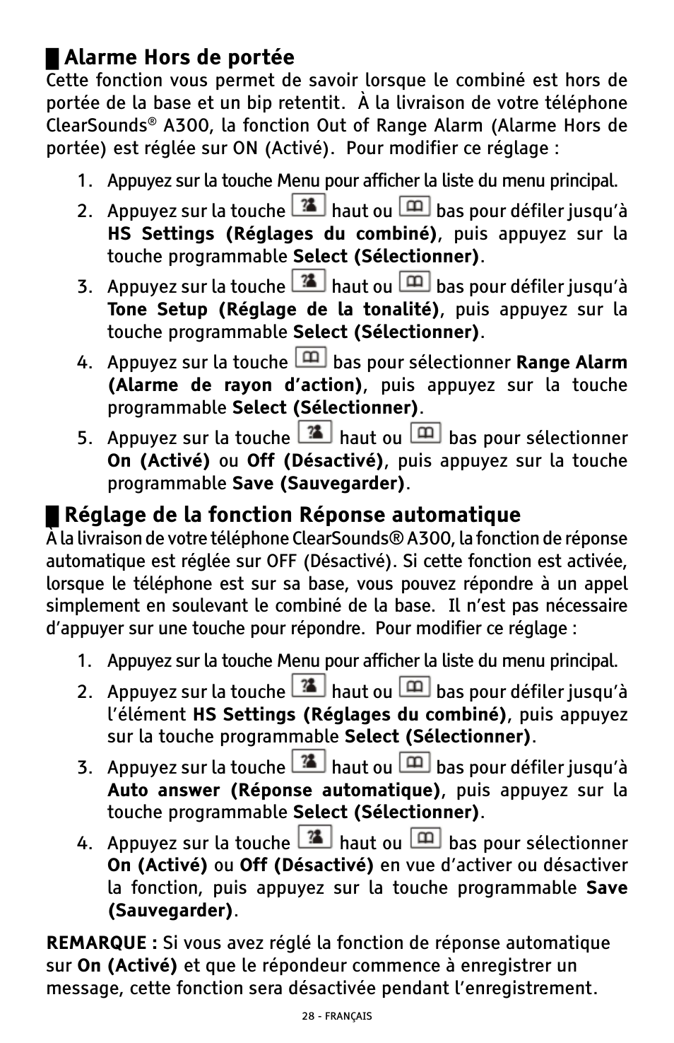 Alarme hors de portée, Réglage de la fonction réponse automatique | ClearSounds A300 User Manual | Page 156 / 192
