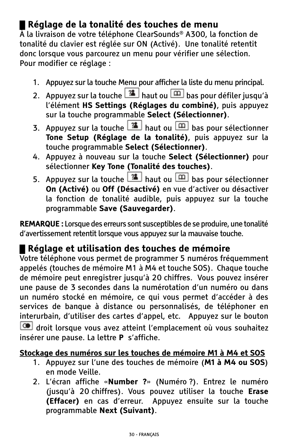 Réglage de la tonalité des touches de menu, Réglage et utilisation des touches de mémoire | ClearSounds A300 User Manual | Page 158 / 192