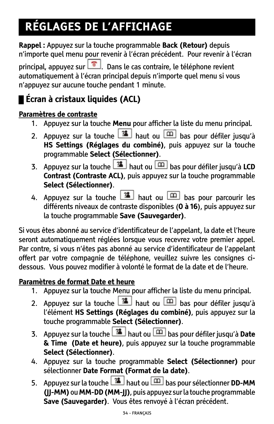 Réglages de l’affichage, Écran à cristaux liquides (acl) | ClearSounds A300 User Manual | Page 162 / 192