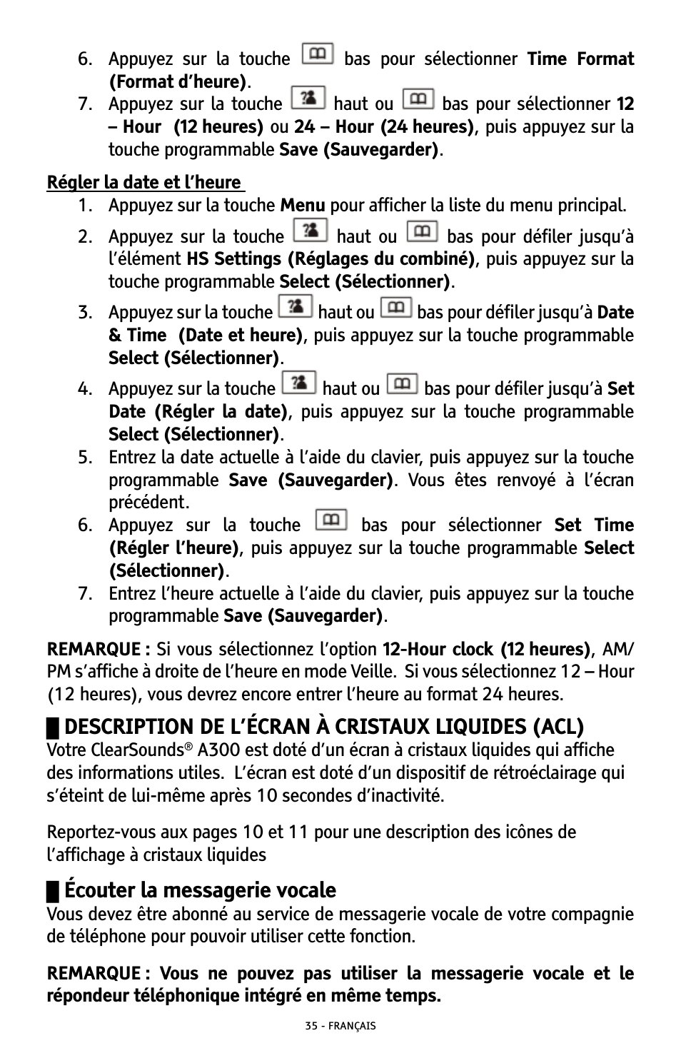Description de l’écran à cristaux liquides (acl), Écouter la messagerie vocale | ClearSounds A300 User Manual | Page 163 / 192