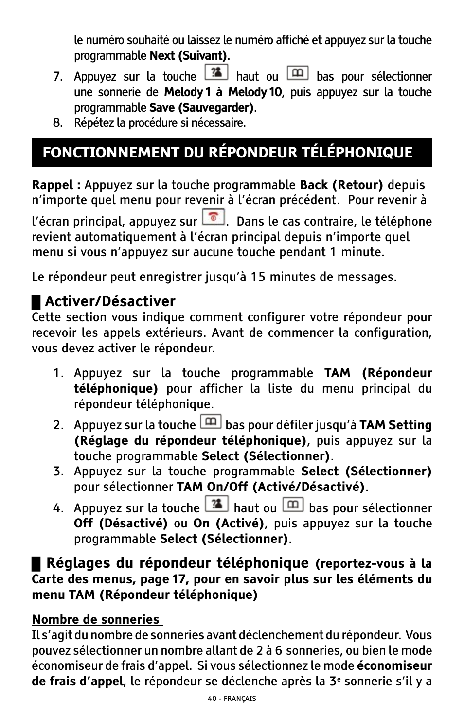 Activer/désactiver, Réglages du répondeur téléphonique, Fonctionnement du répondeur téléphonique | ClearSounds A300 User Manual | Page 168 / 192