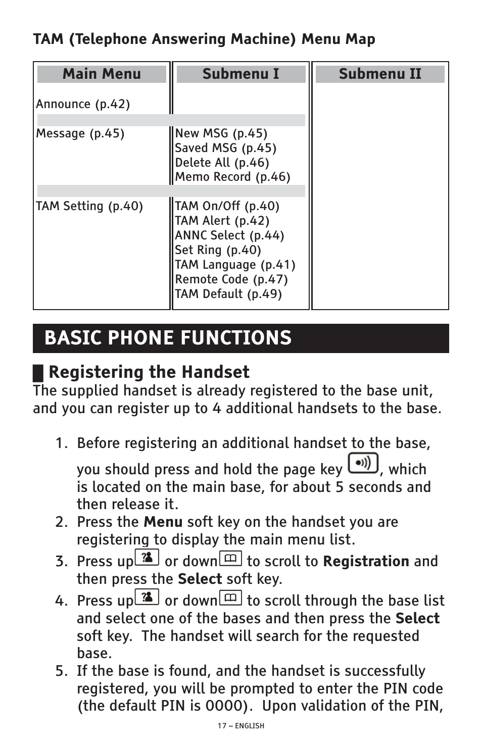 Basic phone functions, Registering the handset | ClearSounds A300 User Manual | Page 17 / 192