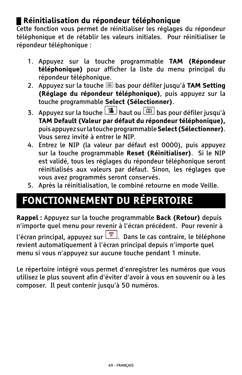 Fonctionnement du répertoire, Réinitialisation du répondeur téléphonique | ClearSounds A300 User Manual | Page 177 / 192