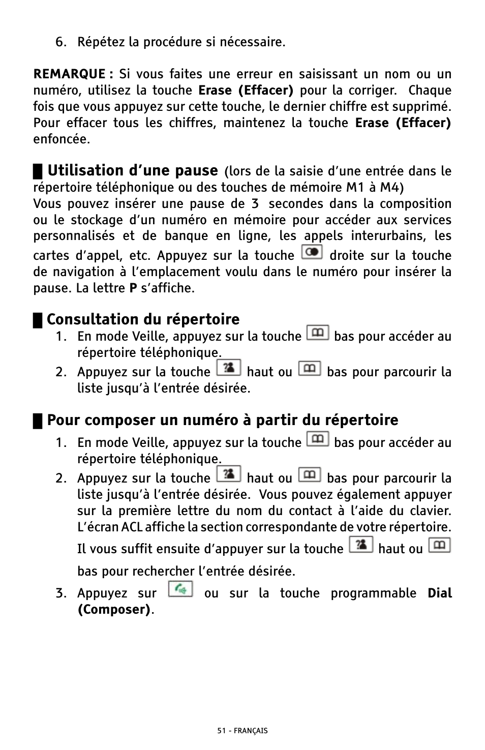 Utilisation d’une pause, Consultation du répertoire, Pour composer un numéro à partir du répertoire | ClearSounds A300 User Manual | Page 179 / 192