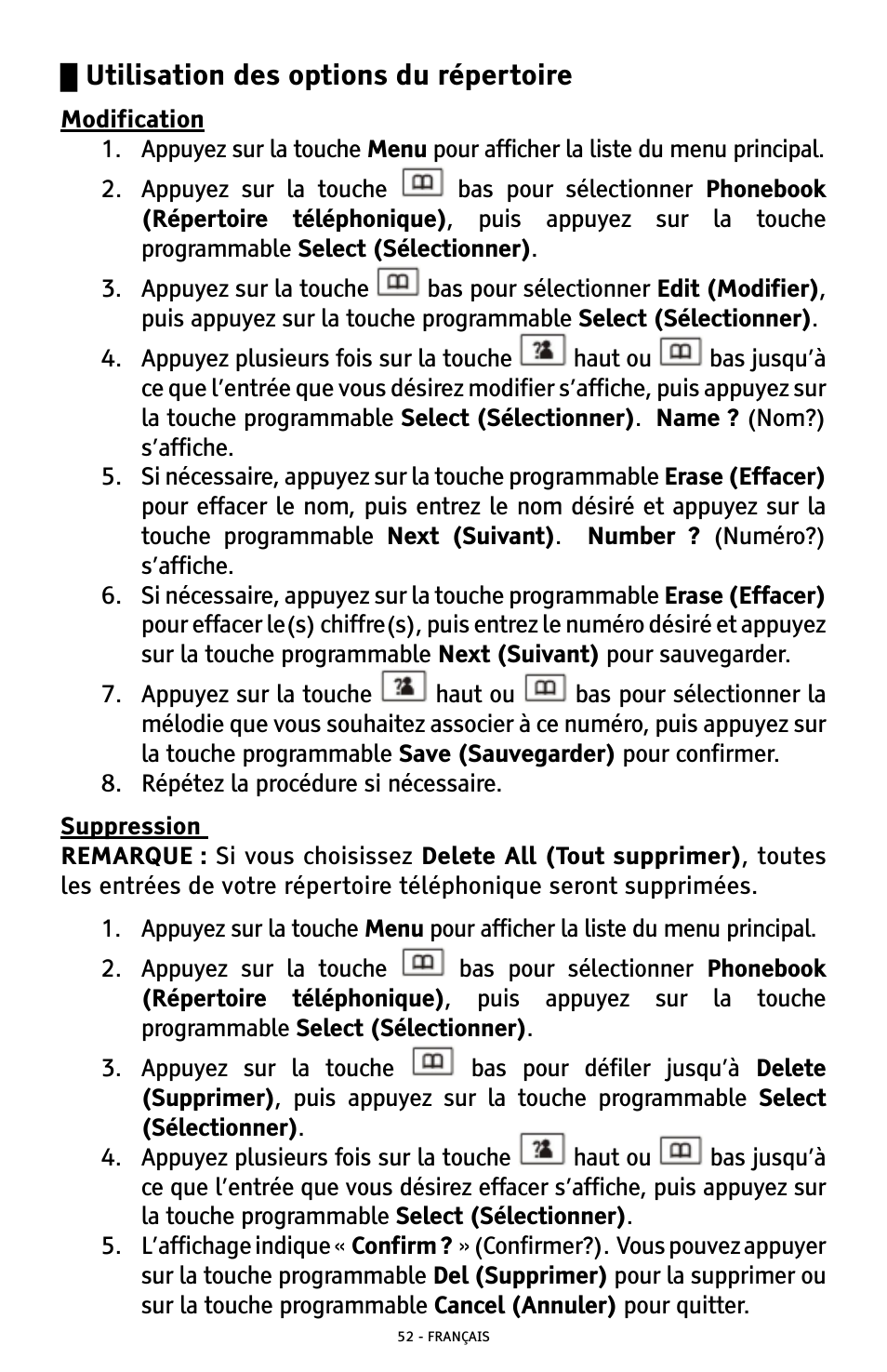 Utilisation des options du répertoire | ClearSounds A300 User Manual | Page 180 / 192