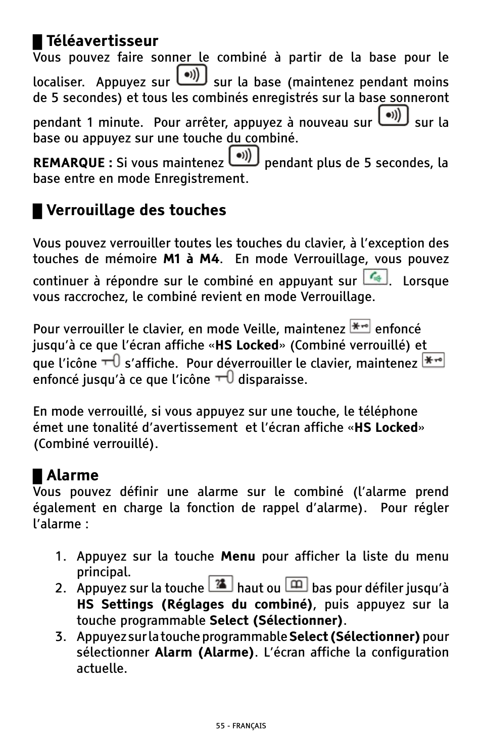 Téléavertisseur, Verrouillage des touches, Alarme | ClearSounds A300 User Manual | Page 183 / 192