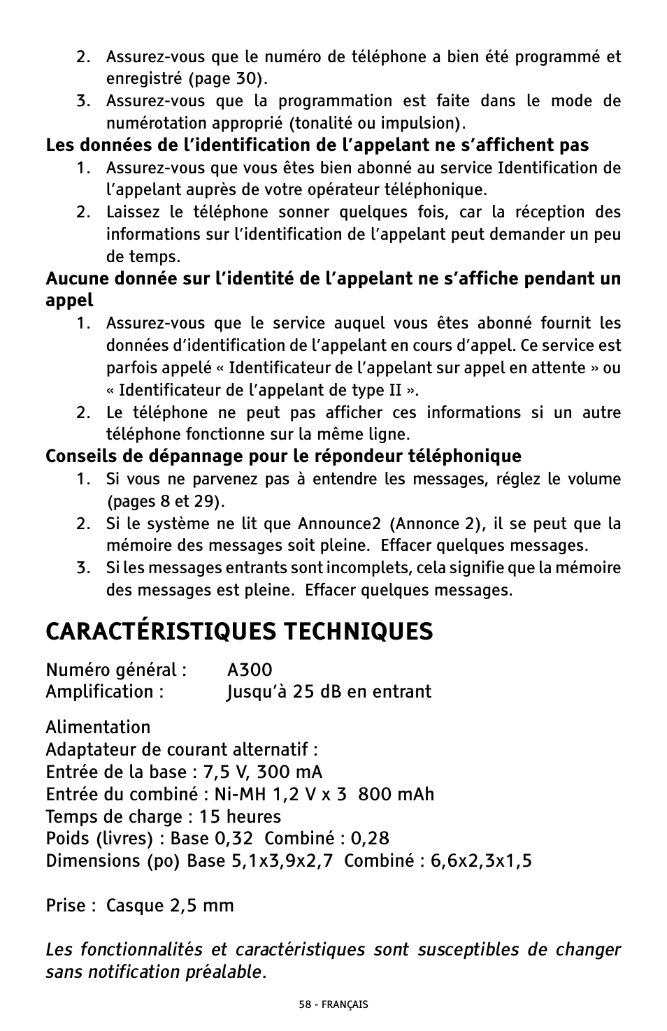 Caractéristiques techniques | ClearSounds A300 User Manual | Page 186 / 192