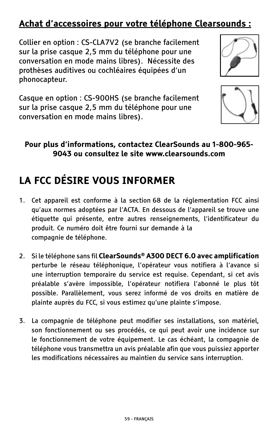 La fcc désire vous informer | ClearSounds A300 User Manual | Page 187 / 192