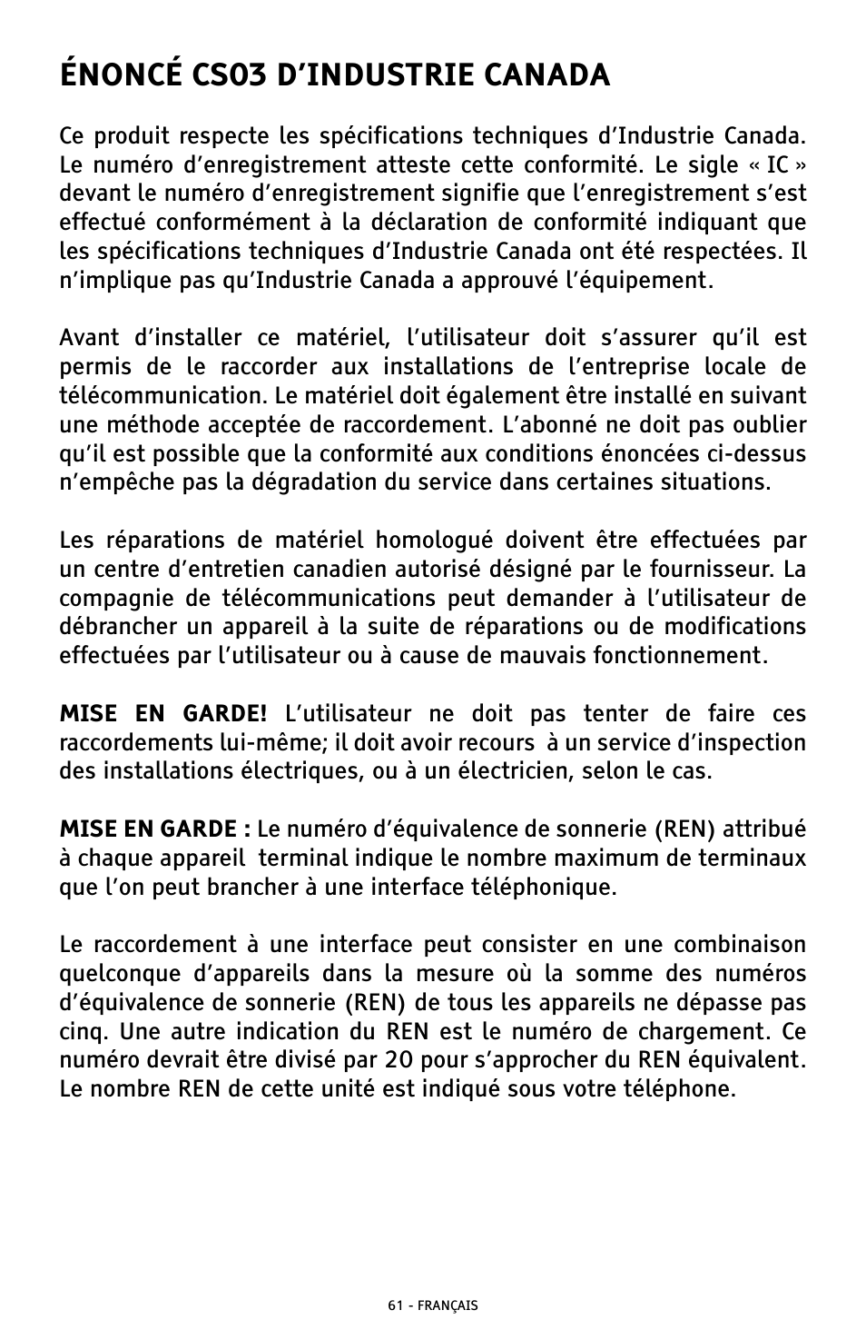 Énoncé cs03 d’industrie canada | ClearSounds A300 User Manual | Page 189 / 192