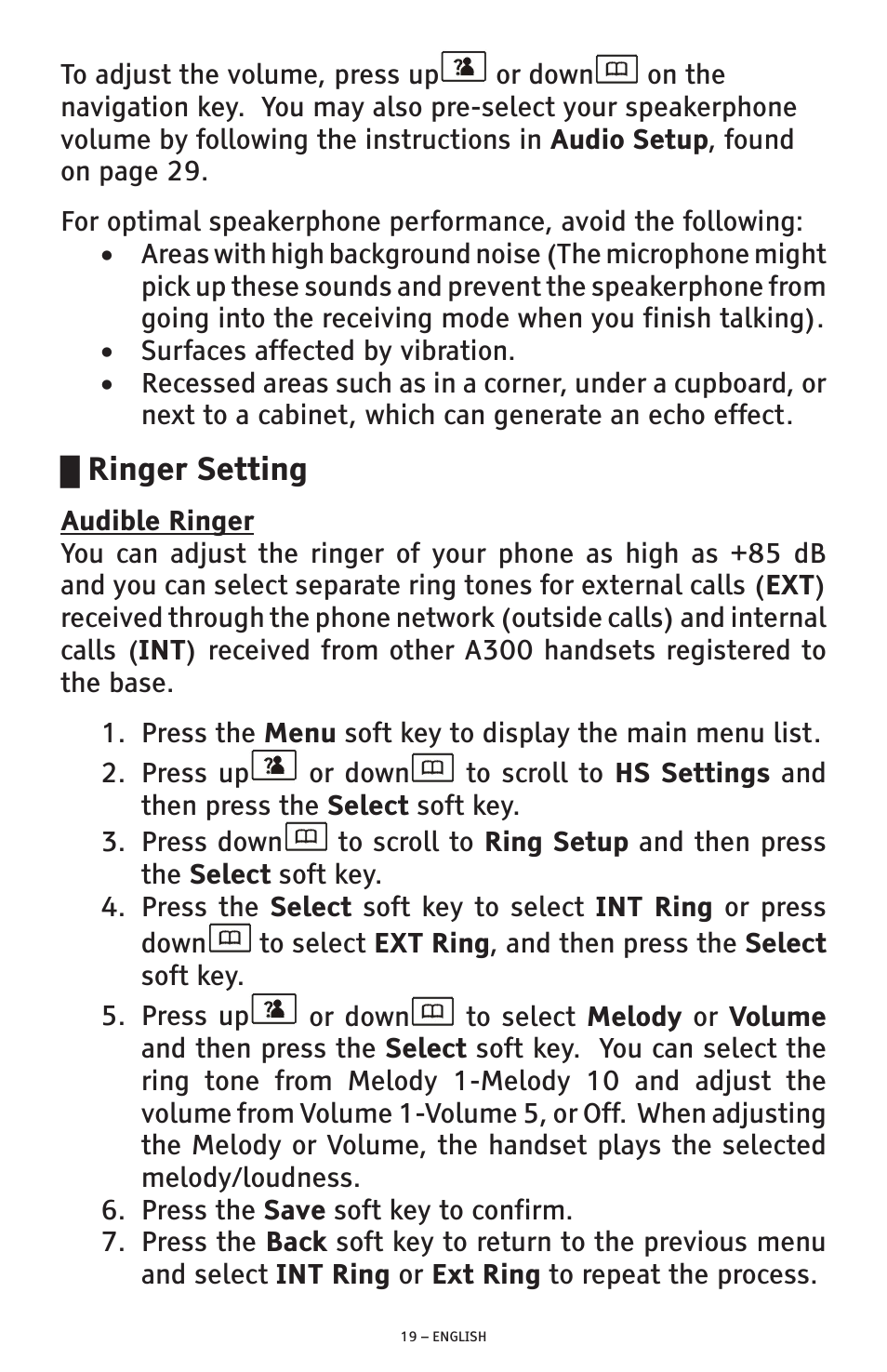 Ringer setting | ClearSounds A300 User Manual | Page 19 / 192